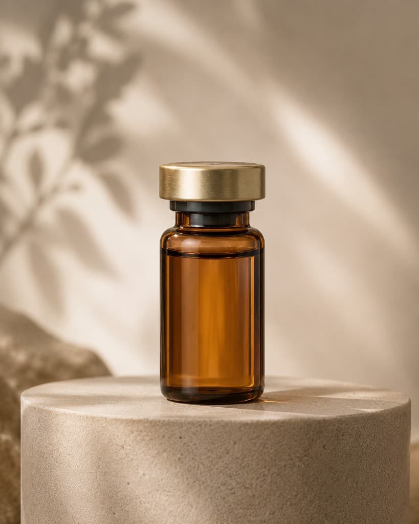 Premium amber peptide injection vial with a brushed gold cap on a stone pedestal.