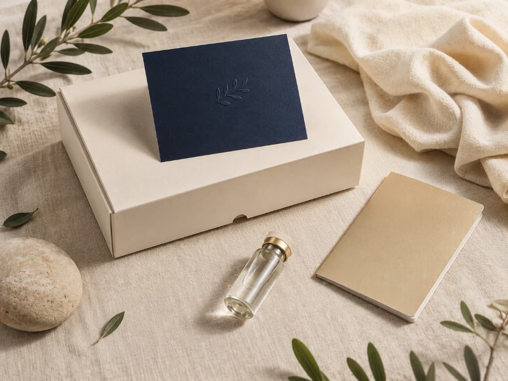 Flat lay of a premium welcome kit with cream box, navy embossed card, gold journal, and glass vial on warm linen.